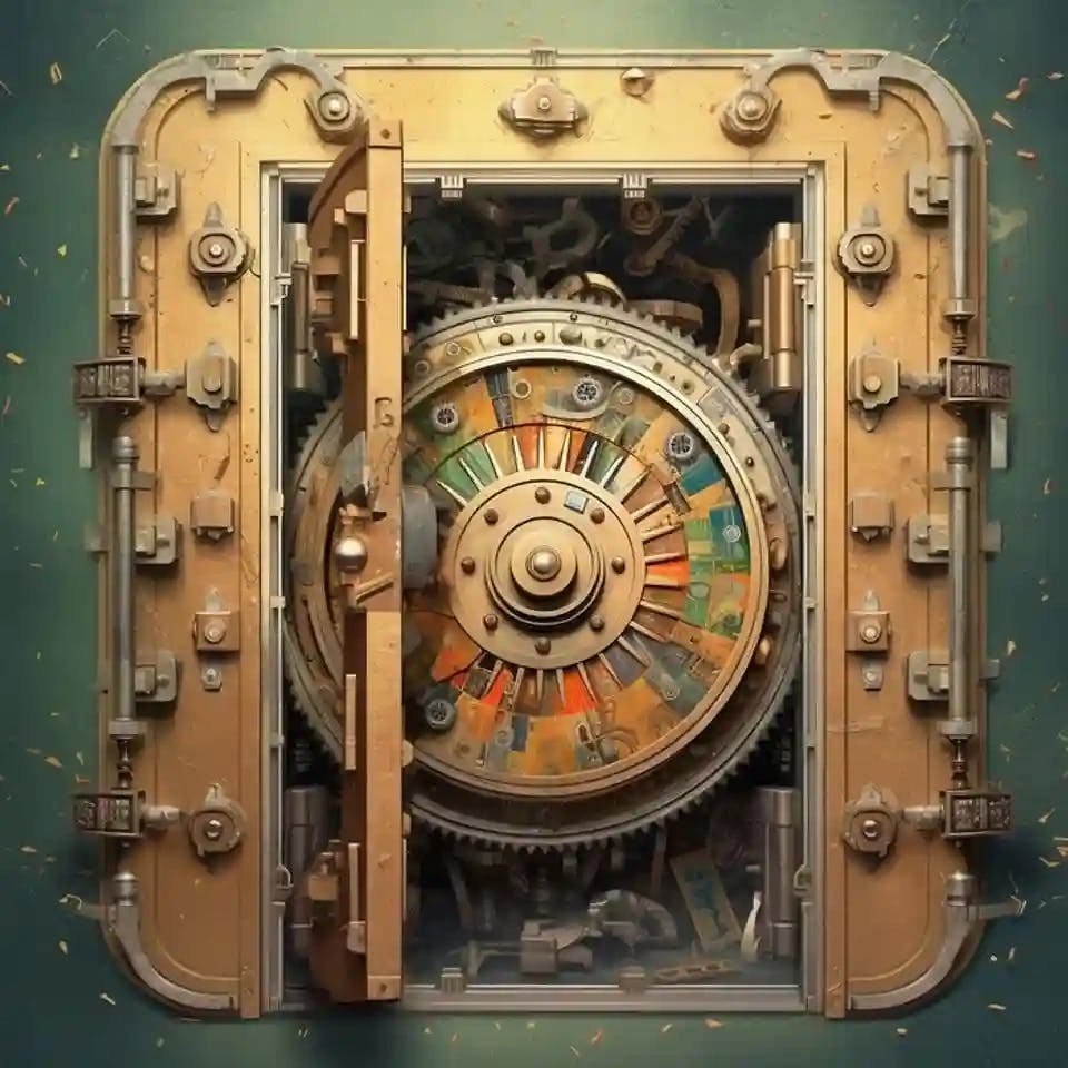 Theifinthenight_a_bank_vault_door_with_tarot_cards_falling_out__64e2df76-88bc-4271-8721-7439f66348a6.png